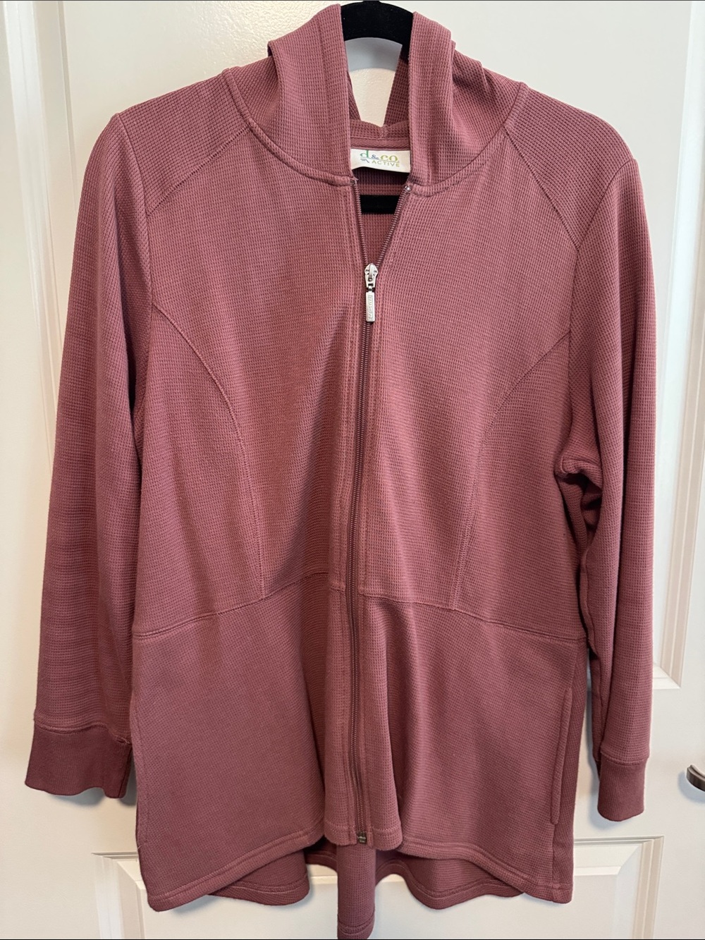Denim & Co Hooded Waffle Knit Jacket - Dusty Rose. Petite Large